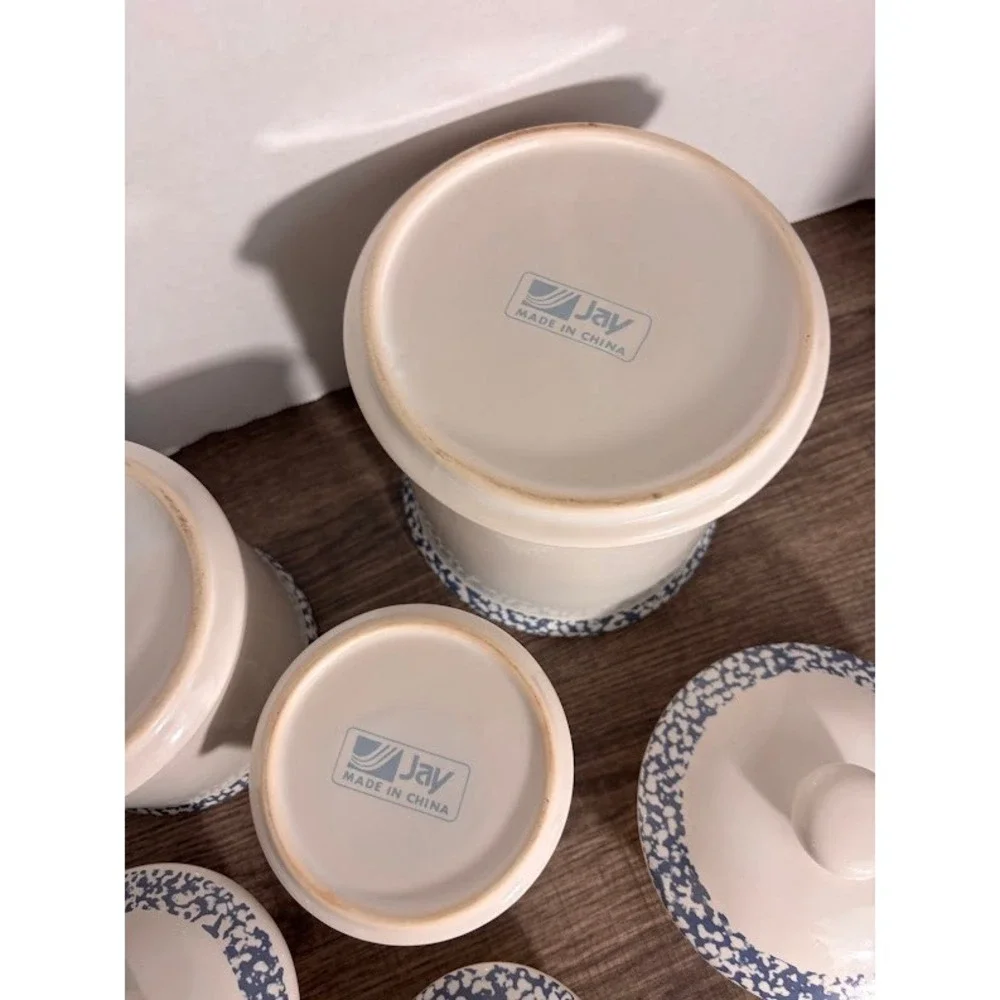Jay Import Co Vintage Blue Heart Sponge Paint Ceramic Canister Set 3pc Farmhouse